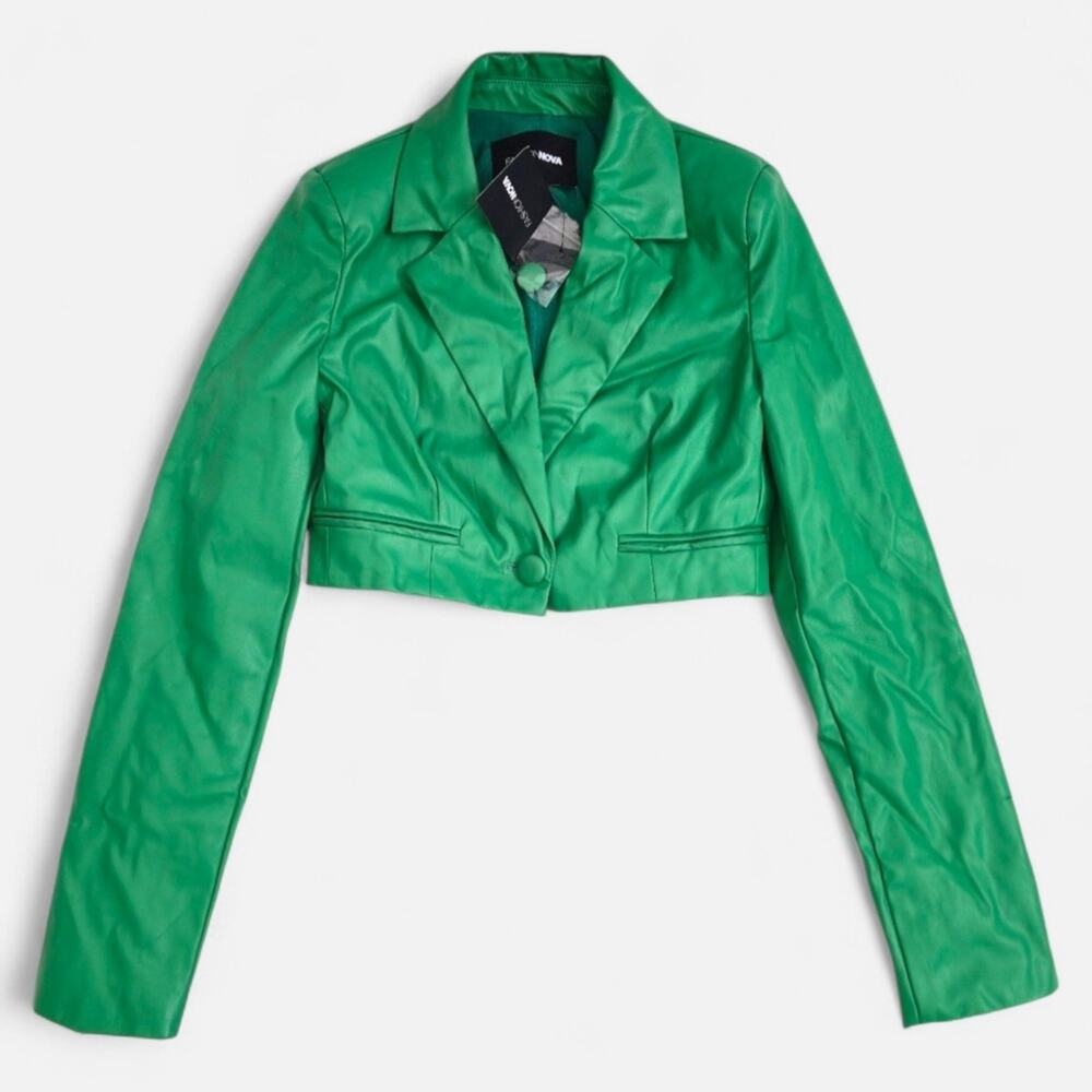 Fashion Nova NWT Hollywood & Vine Kelly Green Cropped Faux Leather‎ Blazer XS